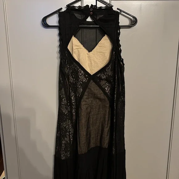 Free People SM Angel Mini Dress Sheer Black Gauze Cotton Boho Crochet Lace - Picture 4 of 8